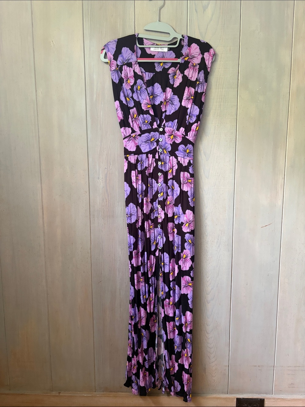 Purple and Pink Hibiscus Maxi Dress with Button Front and Front Slit